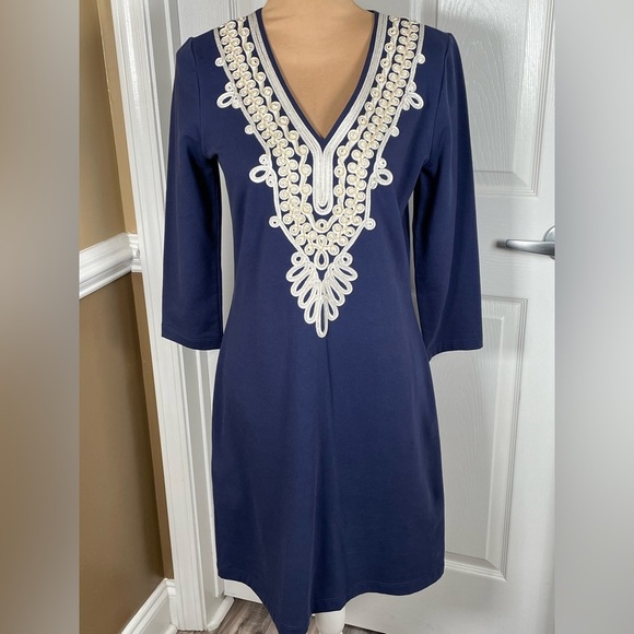 Lilly Pulitzer Clarkson Navy gold trim white scroll 3/4 sleeve dress Embroidered - Picture 9 of 12
